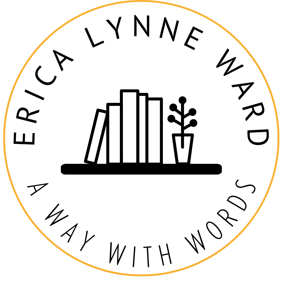 The words Erica Lynne Ward appear around the top of a circular logo, with the words A Way With Words round the bottom. In the centre is a stylised image of a bookshelf with books and a potted plant. The lettering and image are black and there is a gold circle round the outside.